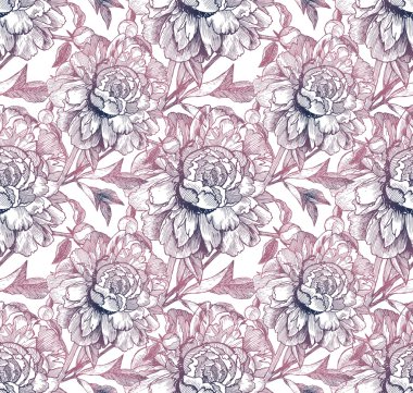 Vintage style vector peony seamless pattern