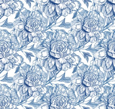 Vintage style blue vector peony seamless pattern