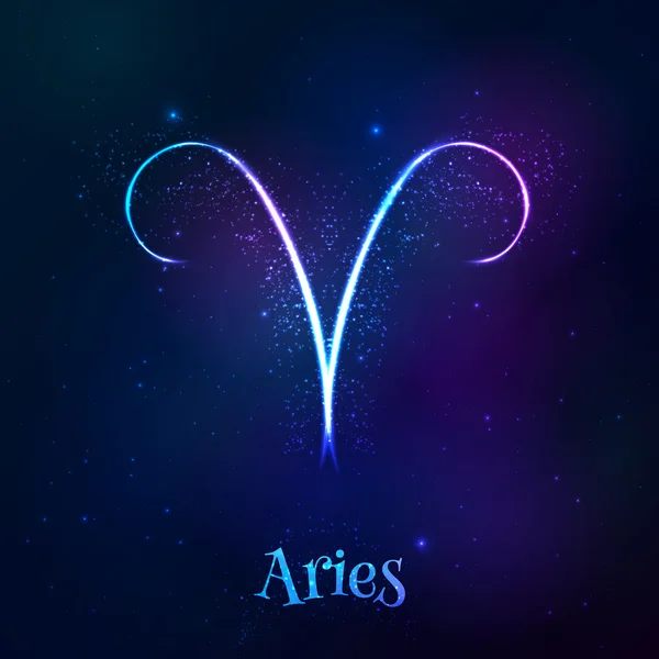 Azul brillante cósmico neón zodíaco símbolo Aries — Vector de stock