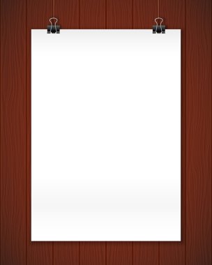 Ahşap duvar, gerçekçi mockup posterinde beyaz kağıt