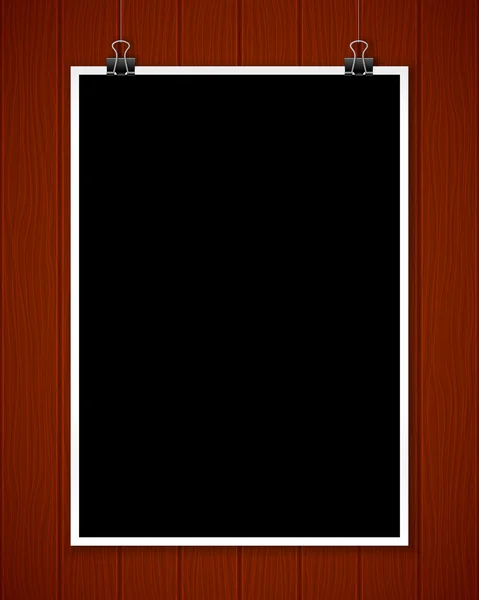 Cartel negro maqueta en pared texturizada de madera — Vector de stock