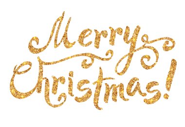 Beyaz zemin üzerine altın glitter boya elle çizilmiş Merry Christmas işareti