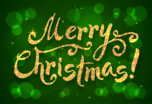 Paillettes dorées peinture dessinée à la main Joyeux Noël signe sur fond bokeh vert — Image vectorielle