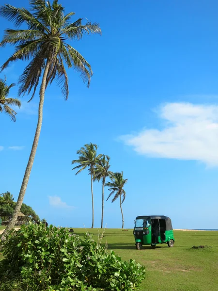 Pequeño tuk-tuk verde en el campo de hierba cerca de palmeras, Sri Lanka — Foto de Stock