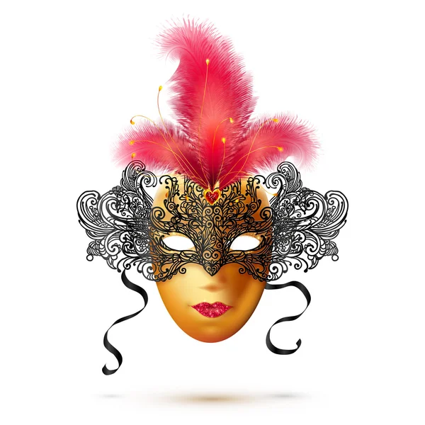 Golden and black ornate carnival mask with bright red feathers — Stock Vector