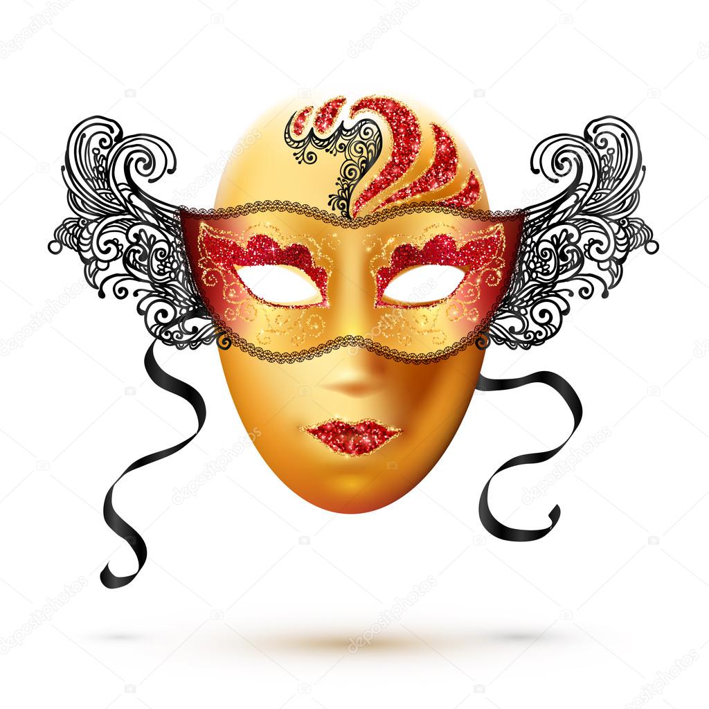 Golden full face carnival mask with ornate lacy black sides