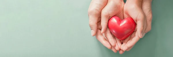 Manos Adultos Niños Sosteniendo Corazón Rojo Salud Del Corazón Donación — Foto de Stock