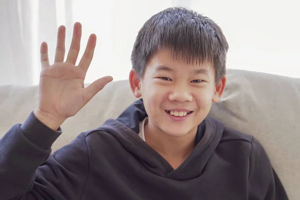 Mixed Asian Preteen Boy Making Vídeo Call Homeschooling Online Distance — Fotografia de Stock