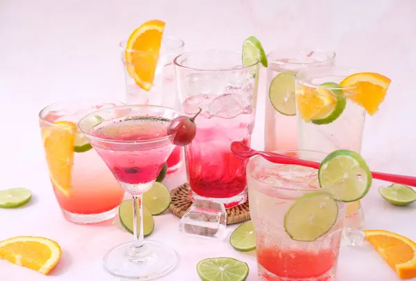 Colorful Cocktails Glass White Background Close Space Text — Stock Fotó