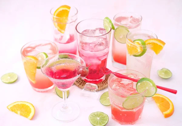 Colorful Cocktails Glass White Background Close Space Text — 스톡 사진