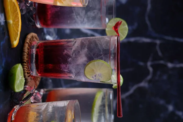 Summer Drinks Cocktails Ice Cubes Lime Copy Space Selective Focus —  Fotos de Stock