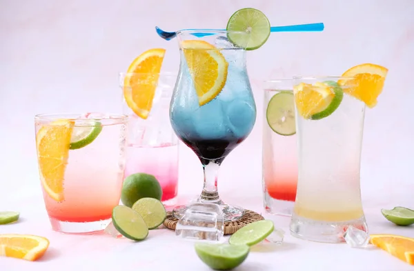 Colorful Cocktails Glass White Background Close Space Text — 스톡 사진