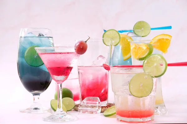 Colorful Cocktails Glass White Background Close Space Text — Stock fotografie