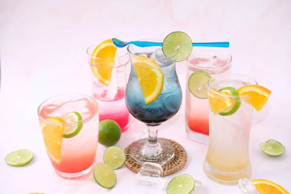 Colorful Cocktails Glass White Background Close Space Text —  Fotos de Stock