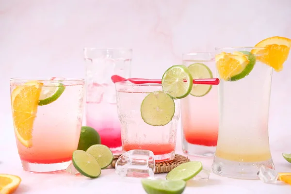 Colorful Cocktails Glass White Background Close Space Text — Stockfoto
