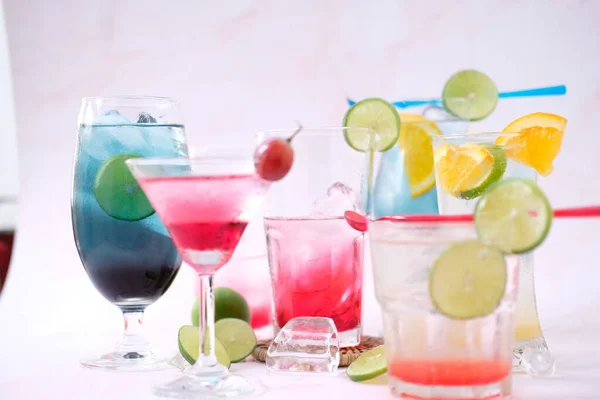 Colorful Cocktails Glass White Background Close Space Text — Fotografia de Stock