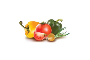 illustration of tomato, tomatoes, pepper and onion on white background.