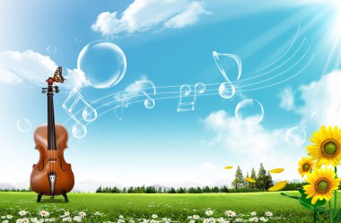 Müzik aletleri ve kelebeklerle dolu yaz arkaplanı