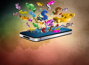 Para birimi sembollü ve bozuk paralı cep telefonu