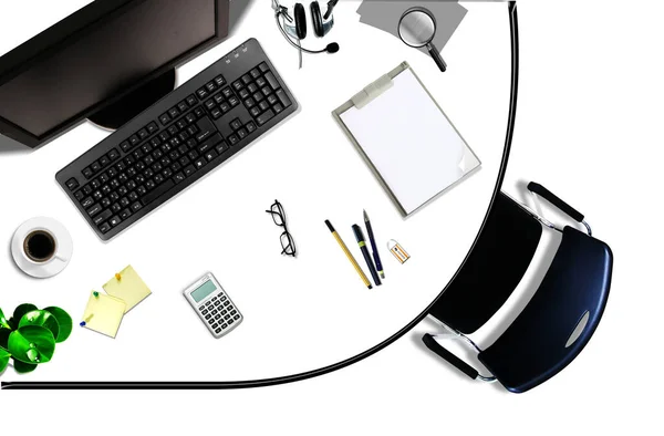 Office Desk Laptop Supplies Coffee Cup Other Items White Background — Stockfoto