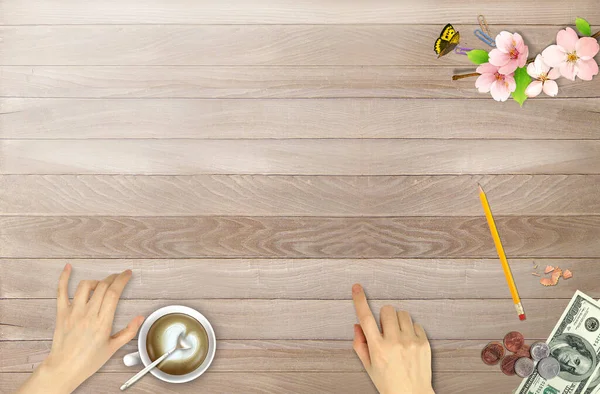 Top View Female Hands Cup Coffee Wooden Table — Foto de Stock