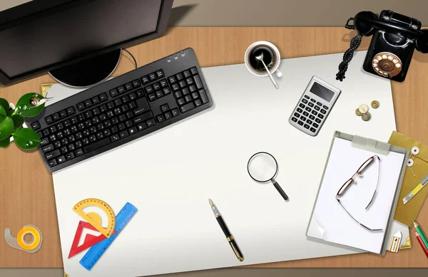 Schreibtisch Mit Laptop Taschenrechner Stift Und Anderen Utensilien — Stockfoto