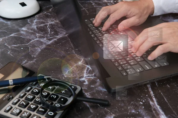 Businessman Using Computer Keyboard Smartphone Bitcoin Symbol — Foto de Stock