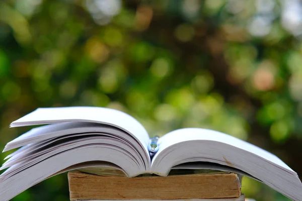 Buch Und Bildung Der Bibliothek Öffnen Bücherstapel Auf Dem Tisch — Stockfoto