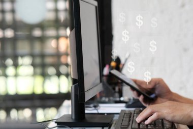 laptop computer with modern office desk and table with copy space. 