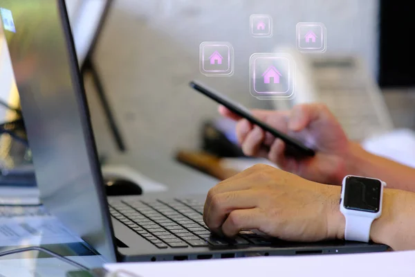 Business People Technology Internet Concept Close Man Hands Laptop — Stock Photo, Image