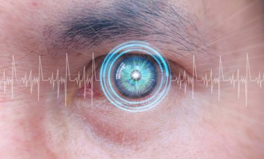 İnsan gözü ve yüksek teknoloji konsepti, büyük veri ve dijital dönüşüm teknolojisi stratejisi, iş süreçlerinin ve verilerin dijital hale getirilmesi, gelecekte yüksek teknolojiler