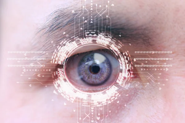 Reconocimiento Ocular Humano Proceso Escaneo Identificación Facial Primer Plano Mujer — Foto de Stock