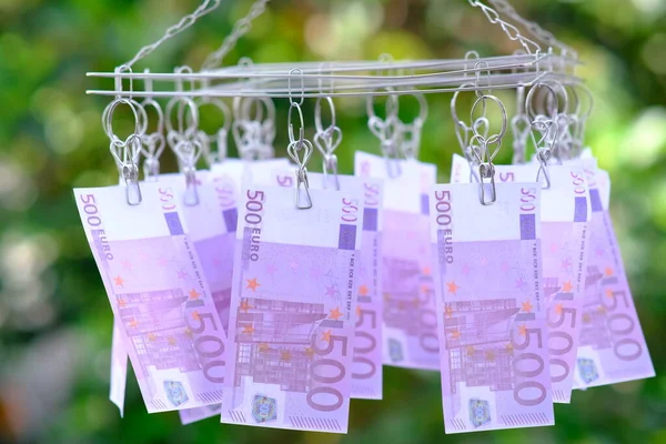 Stäng Eurosedelns Pengar Bordet Bakgrund Och Spara Pengar Och Företag — Stockfoto