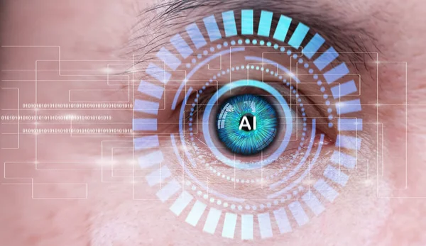 Human eye recognition face ID scanning process. Close up of white woman with digital interface.Human eye and high-tech concept, screening big data and digital transformation technology strategy