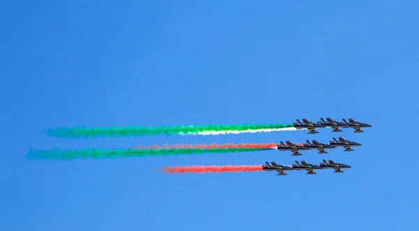 Genf Italien Mai 2020 Akrobatische Luftperformance Von Frecce Tricolori Trikolorierten — Stockfoto