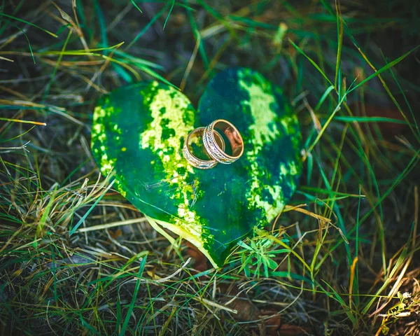 結婚指輪と赤いスイカの新鮮なスライスのクローズ アップ — ストック写真