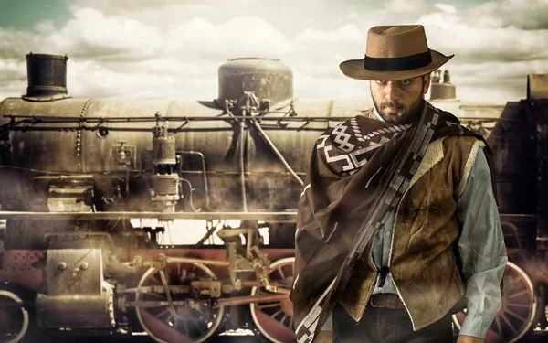 Gunfighter at the train station. — Stock Photo, Image