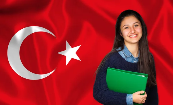 Teen öğrenci Türk bayrağı üzerinde gülümseyen — Stok fotoğraf