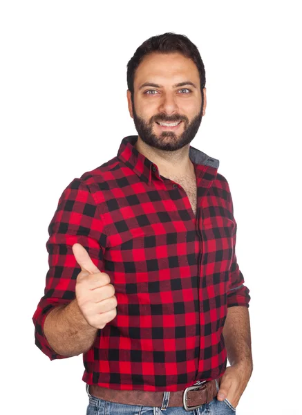 Werknemer in geruite hemd met duim omhoog — Stockfoto