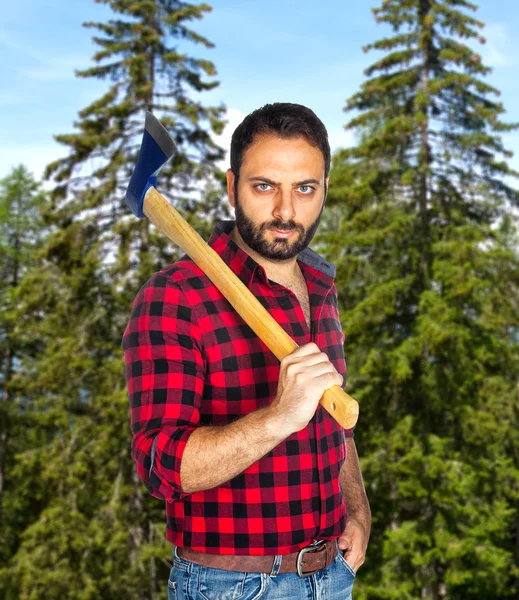 Taglialegna tra gli alberi . — Foto Stock