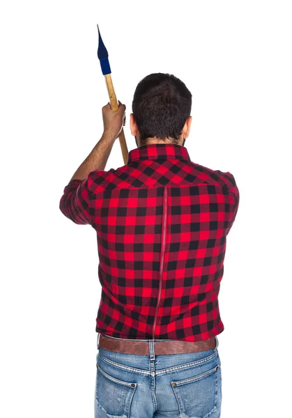 Lumberjack with plaid shirt from behind — Stock Photo, Image