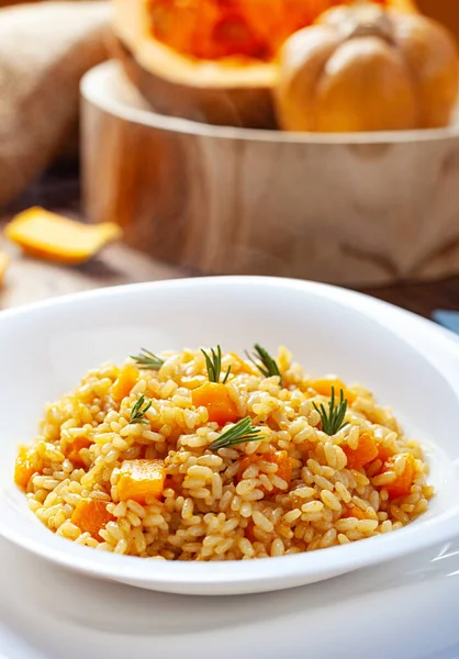 Pompoen Risotto Recept Met Rijst Pompoen Rustieke Tafel Met Ingrediënten — Stockfoto