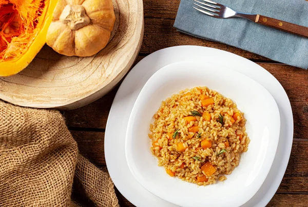 Labu Risotto Resep Dengan Nasi Dan Labu Meja Pedesaan Dengan — Stok Foto