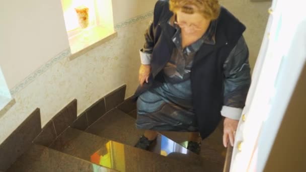 Femme Âgée Surpoids Ayant Des Difficultés Monter Les Escaliers Maison — Video