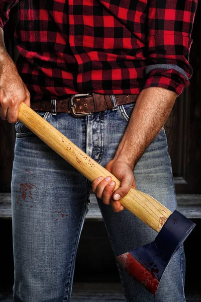 Lumberjack Killer Närbild Blodiga Yxa — Stockfoto