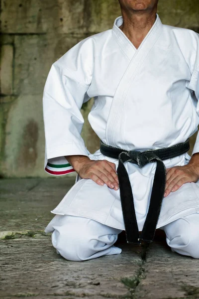 Black Belt Karate Man Sit Position Start Finish Practicing — Stock Photo, Image