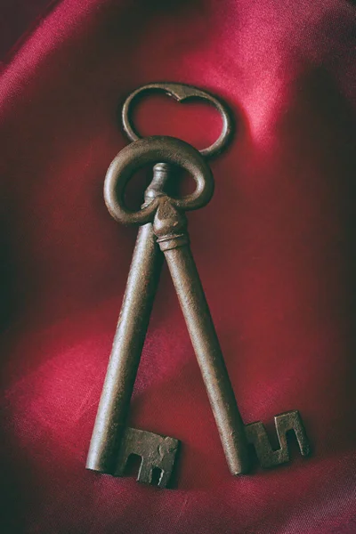 Old Medieval Wrought Iron Keys Red Background — Stock Photo, Image