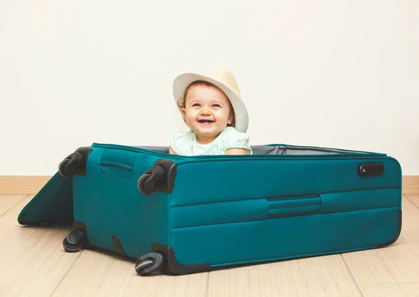 Baby Girl Sitting Suitcase Floor Empty Background — Stock Photo, Image