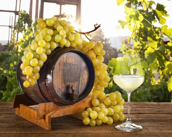 Vinho branco com uvas e barril . — Fotografia de Stock