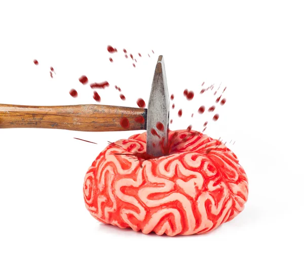 Mänskliga hjärnan gummi med hammare slag och blod spill — Stockfoto